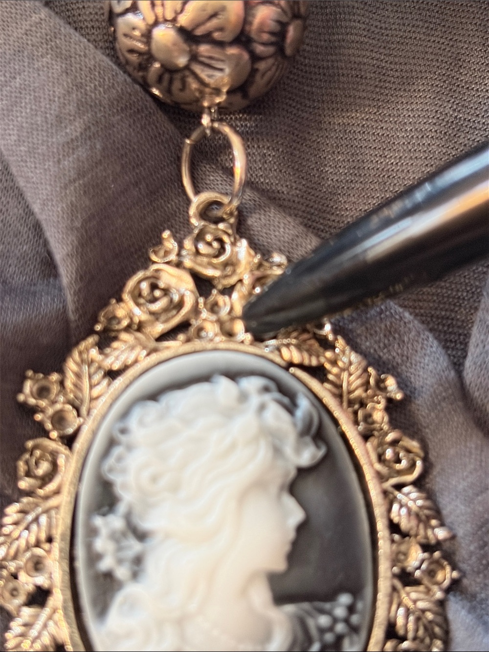 Gray Cameo Pendant Scarf Necklace - Women's Fashion Jewelry - Picture 12 of 14